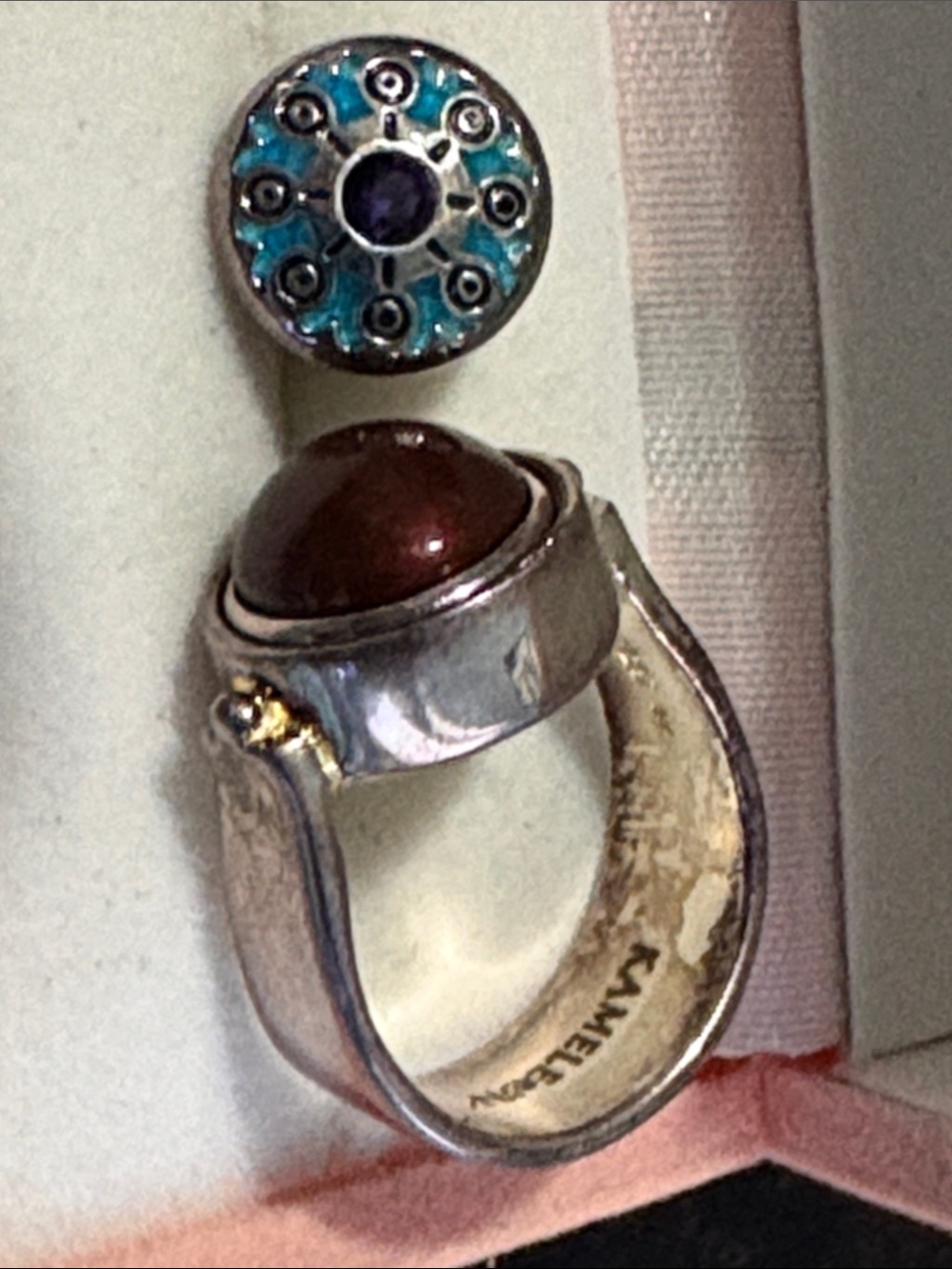 Sterling Silver Kameleon Brand Jewel Pop Ring with Brown Cabochon Sz6 25A.